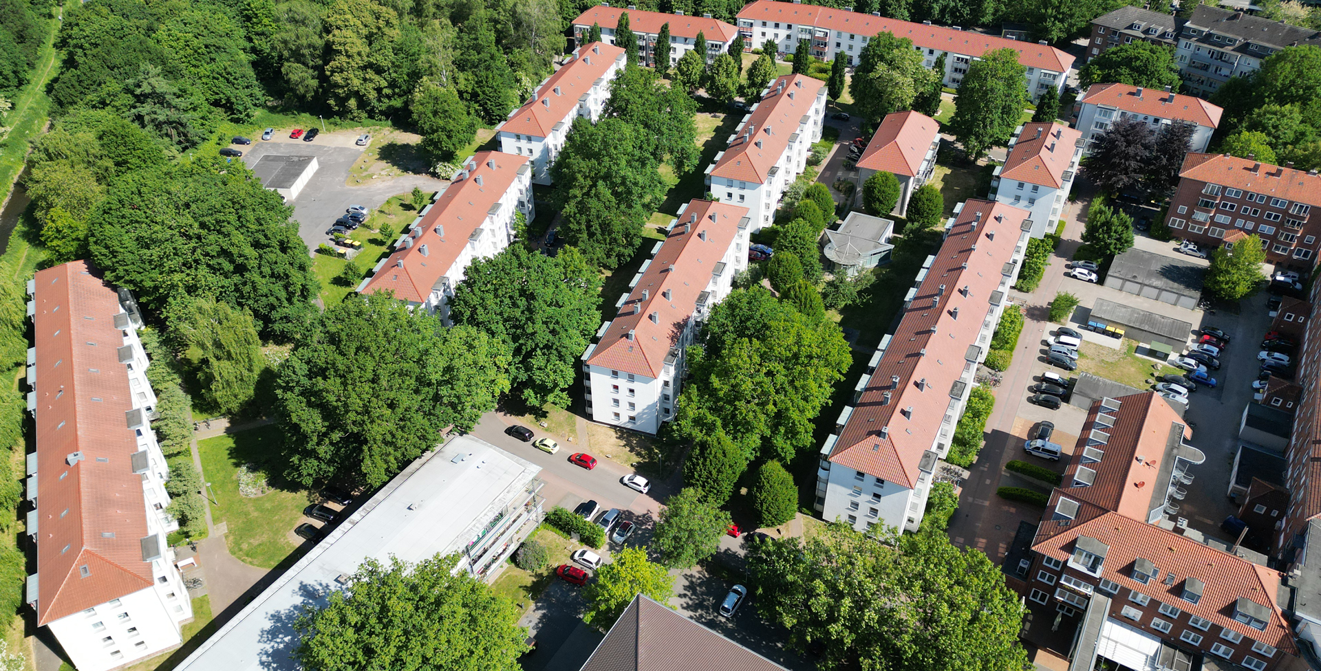 Luftbildaufnahme des gewo-Wohnquartiers am Strampel in Nordhorn.