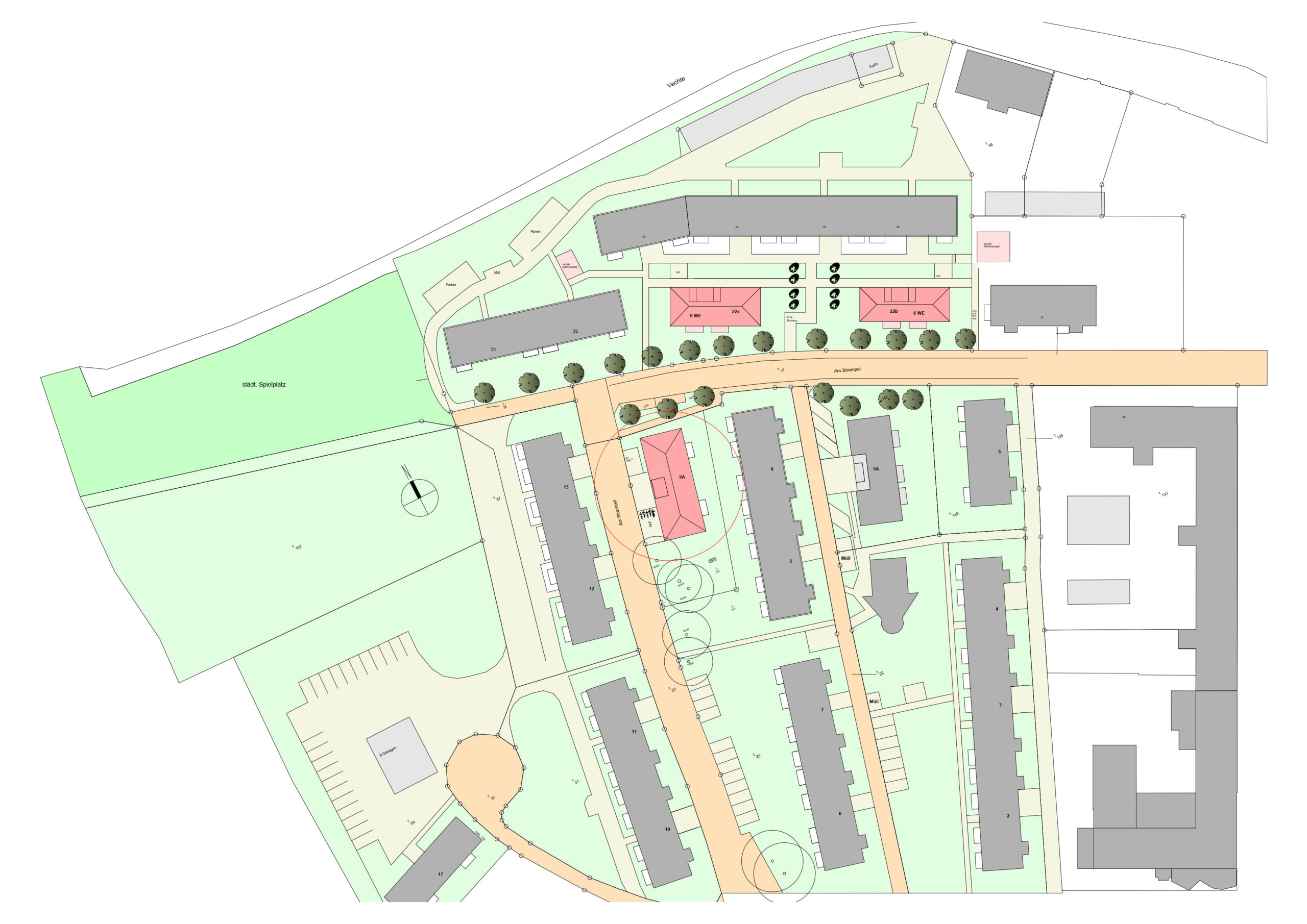 Lageplan des Wohnquartiers am Strampel mit Verdichtung.